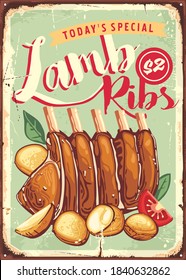 Lamb Ribs Vintage Restaurant Advertisement With Delicious Meal. Roasted Meat Ant Potatoes Retro Poster. Food Vector Illustration.