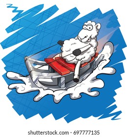 A lamb rides on a sled.
