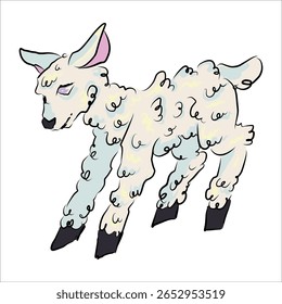 Lamb running. Isolated vector illustration, hand drawn. Delicate coloring, blue shadows. Purple eyes. Expressive unique stylization. Design of pins, stickers, print for sketchbooks, cups, clothes.