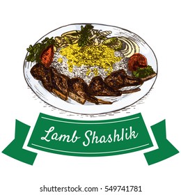 Lamb Shashlik colorful illustration. Vector illustration of Persian cuisine.