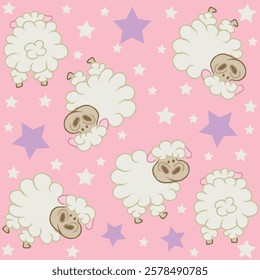 lamb or sheep design in textile pattern style for different uses, life in nature with hearts and stars in various colors.