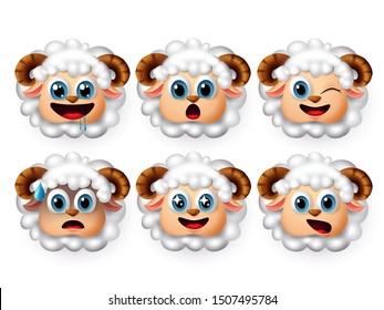 Lamb sheep emoji vector set. Cute lamb emojis and sheep emoticon with facial expression of hungry and surprise isolated in white background. Vector illustration 3d realistic.