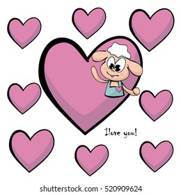 Lamb. Sheep with a heart on a white background for greeting cards confession of love, Valentine to Valentine's Day, birthday, wedding. Romantic sketch in cartoon style. Vector Illustration