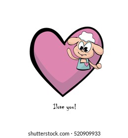 Lamb. Sheep with a heart on a white background for greeting cards confession of love, Valentine to Valentine's Day, birthday, wedding. Romantic sketch in cartoon style. Vector Illustration