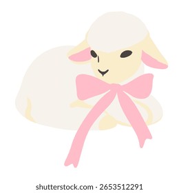 A lamb sheep with a pink ribbon Hand drawn illustration Easter Clipart element Invitations, gifts, greeting cards, print, textile	