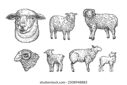 Lamb Sheep and Ram Domestic Animals Drawing Hand Drawn Engraving Style Cattle Silhouettes and Heads. Retro Vector illustrations Set. Isolated