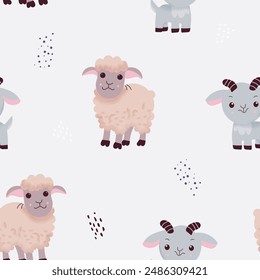 Lamb and sheep seamless pattern. Cute cartoon farm animals background. Design for prints, fabric, textile, wallpaper, wrapping paper. Vector illustration