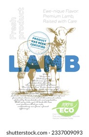 Lamb shop poster. Vintage sketch sheep with advertising text. Butcher market retro promo print. Butchery label creative typography template. Natural farm product placard engraving ewe drawing artwork