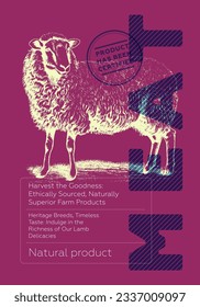 Lamb shop poster. Vintage sketch sheep on colored background. Butcher market retro print. Butchery label creative typography template. Natural farm meat eps placard. Engraving ewe drawing eps artwork