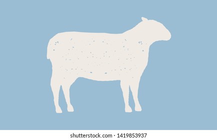 Lamb silhouette. Lamb icon isolated on blue background. Graphic design for meat shop, grocery, farmers market. Vintage typography. Vector Illustration