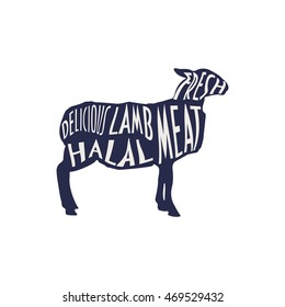Lamb silhouette with text. Good for menu or butcher's shop, restaurant. Sheep vintage with a typography on. Halal. Ready for Package Design, Menu, Sticker, badge, icon, stamp