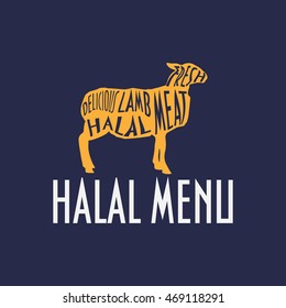 Lamb silhouette with a typography. Halal menu cover or stamp template. Halal Lamb meat or mutton sign.