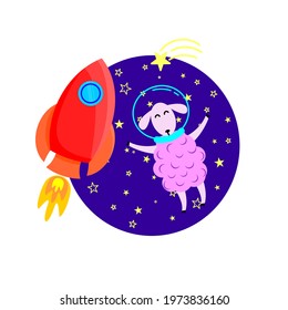 a lamb in space with a rocket flies against the background of the sky and stars