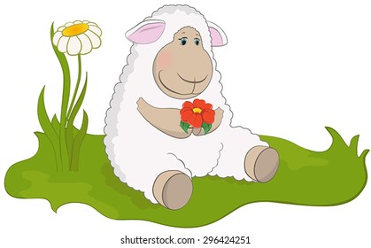 Lamb in the spring meadow. Lamb sniffing a flower.