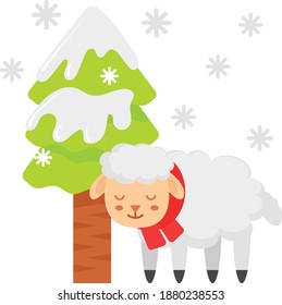 Lamb standing by a decorated New Year and xmas tree Concept, Toys Vector Color Icon Design, Merry Christmas Symbol on white background, New Year Celebration Sign,