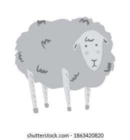 Lamb standing isolated on white background. Abstract cute picture gray color doodle vector illustration.