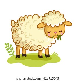 Lamb stands in the clearing and chews the grass. Farm animal in vector.