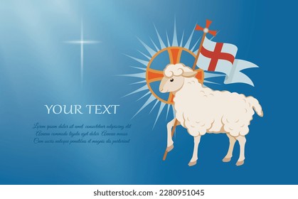 Lamb is symbol of Christ's sacrifice. Religious christian symbol lamb of god and cross on flag. Vector illustration