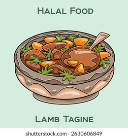 Lamb Tagine. Authentic Moroccan halal lamb tagine with tender meat slow-cooked in aromatic spices, dried fruits, and vegetables in a traditional clay pot.
