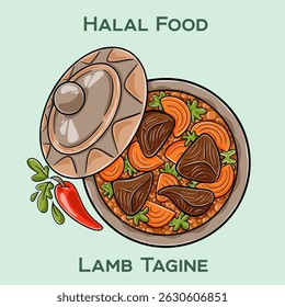 Lamb Tagine. Authentic Moroccan halal lamb tagine with tender meat slow-cooked in aromatic spices, dried fruits, and vegetables in a traditional clay pot.
