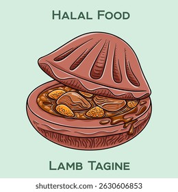 Lamb Tagine. Authentic Moroccan halal lamb tagine with tender meat slow-cooked in aromatic spices, dried fruits, and vegetables in a traditional clay pot.