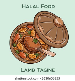 Lamb Tagine. Authentic Moroccan halal lamb tagine with tender meat slow-cooked in aromatic spices, dried fruits, and vegetables in a traditional clay pot.