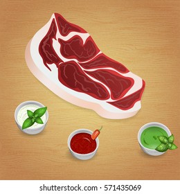 Lamb with tasty sauces and spices. Mustard, ketchup, garlic, pepper, rosemary, basil, thyme. For use as logos on cards, in printing, posters, invitations, web design and other purposes.