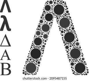 Icono de mosaico de letras griegas lambda. El mosaico vectorial está formado por íconos de infección aleatorios. Colage de la infección Lambda Icono de letra griega e iconos de bonificación. Mosaico de letras griegas lambda para imágenes de aislamiento.