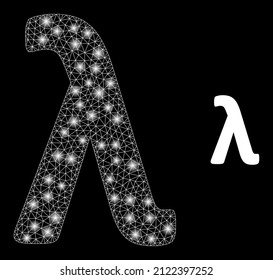 Lambda Greek lowercase letter icon and constellation mesh net Lambda Greek lowercase letter model with bright spots.