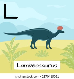 Lambeosaurus dinosaur. Letter L. Children's alphabet education. Vector illustration of a prehistoric dinosaur.