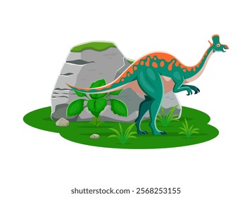 Lambeosaurus prehistoric dinosaur character is a genus of hadrosaurid dinos from the late cretaceous period. Isolated cartoon vector herbivore with distinctive cranial crest, among green vegetation