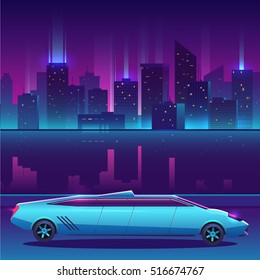 lamborghini limousine vector in front of night city urban landscape, luxury metropolis concept. Vip car and City reflected in the river. View of the embankment. Night city background