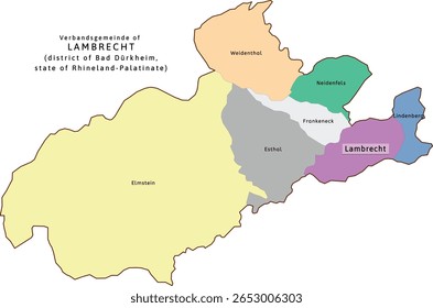 Lambrecht verbandsgemeinde mapa do distrito de Bad Dürkheim Renânia-Palatinado (Renânia-Palatinado) estado na Alemanha. Vetorizado. Cores retroativas