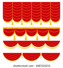 Lambrequin, pelmet for the red curtains of a theatrical scene in a concert hall, opera or ballet. Flat vector cartoon illustration. Objects isolated on a white background.