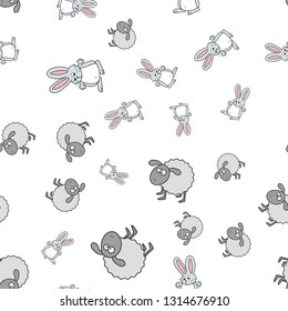 Lambs and bunnies seamless pattern in cartoon style. On white background, vector illustration.