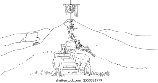 Lambs and cross on a hill. line drawing 