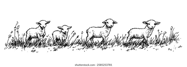 lambs grazing in grass spring nature scene vector doodle black sketch illustration