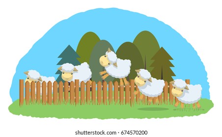 Lambs jump over the hedge. Vector illustration, a flat style design. Isolated on a white background.