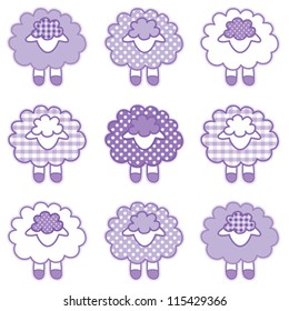 Lambs, pastel lavender patchwork gingham and polka pots, for baby books, scrapbooks, albums, spring, Easter. EPS8 compatible.