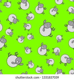 Lambs seamless pattern in cartoon style. On color background, vector illustration.