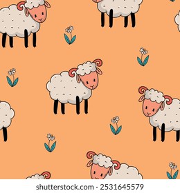 Lambs padrão sem emenda com flores, papel de parede da fazenda, impressão de berçário, scrapbooking, papelaria, embalagem, papel de embalagem, etc. EPS 10