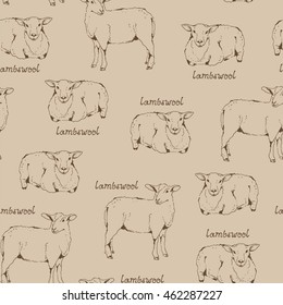 Lambswool beige pattern, seamless background with sheep and handwritten lettering, farm animal illustration, fabric wool texture, cloven-hoofed livestock hand drawn sketch