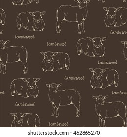 Lambswool sheep pattern, seamless background with sheep and handwritten lettering, farm animal illustration, fabric wool texture, cloven-hoofed livestock hand drawn sketch