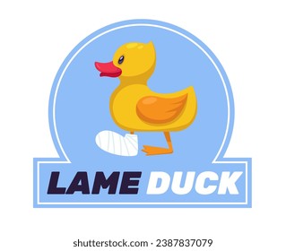 Lame duck with cast on his leg. Sad bird with bandaged foot. Funny animal, failure accident. Humor sticker. Cute mascot. Loser or bankrupt symbol. Cartoon flat isolated vector concept