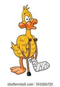 Lame duck with pair of crutches. Funny cartoon character