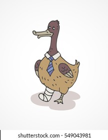 Lame duck. Vector hand drawn illustration of funny dark doodle lame duck with a tie and bandaged foot. Isolated on white background.