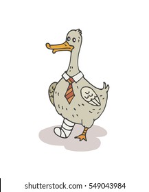 Lame duck. Vector hand drawn illustration of funny white doodle lame duck with a tie and bandaged foot. Isolated on white background.