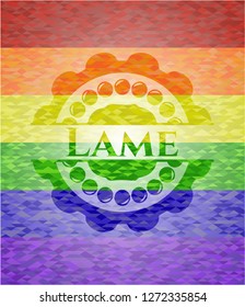 Lame emblem on mosaic background with the colors of the LGBT flag