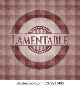 Lamentable red seamless emblem or badge with abstract geometric polygonal pattern background.