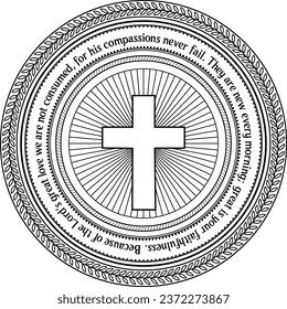 Lamentations 3:22-23 round text decorated with cross and framing